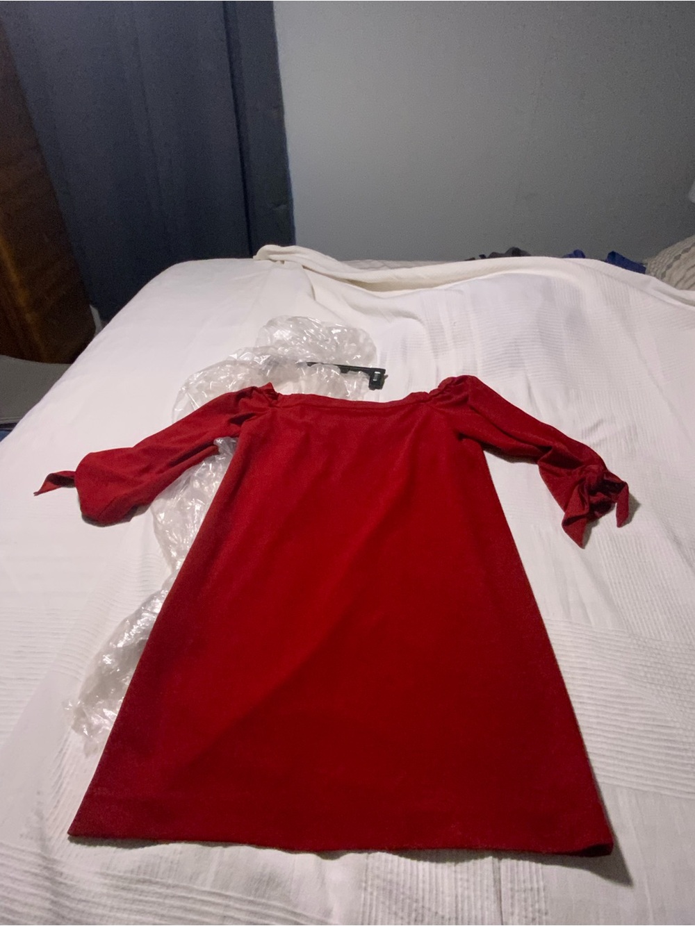 Tibi Red Velvet Off-Shoulder Midi Dress with Tied Sleeves
